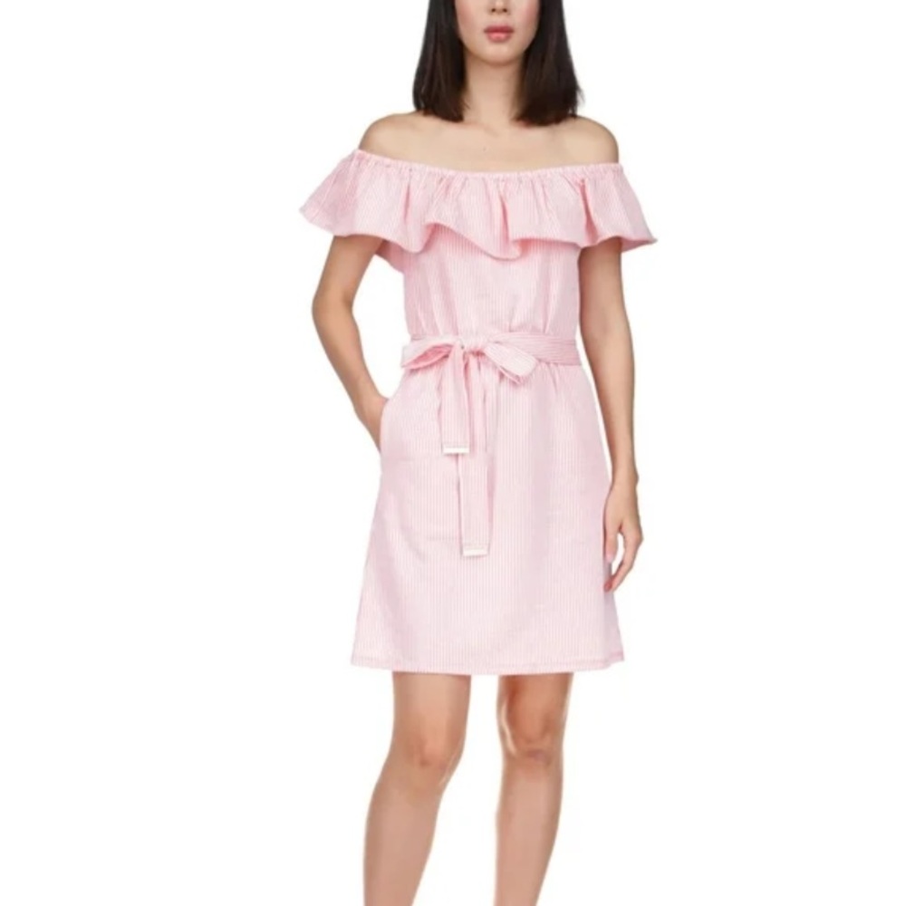 Michael Kors Pink White Tie Waist Striped Ruffle Off Shoulder Dress Sz 1X